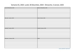 calendrier semaine 2025 (hebdomadaire/semainier) modèle 1