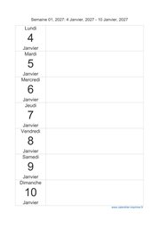 calendrier semaine 2027 (hebdomadaire/semainier) modèle 3