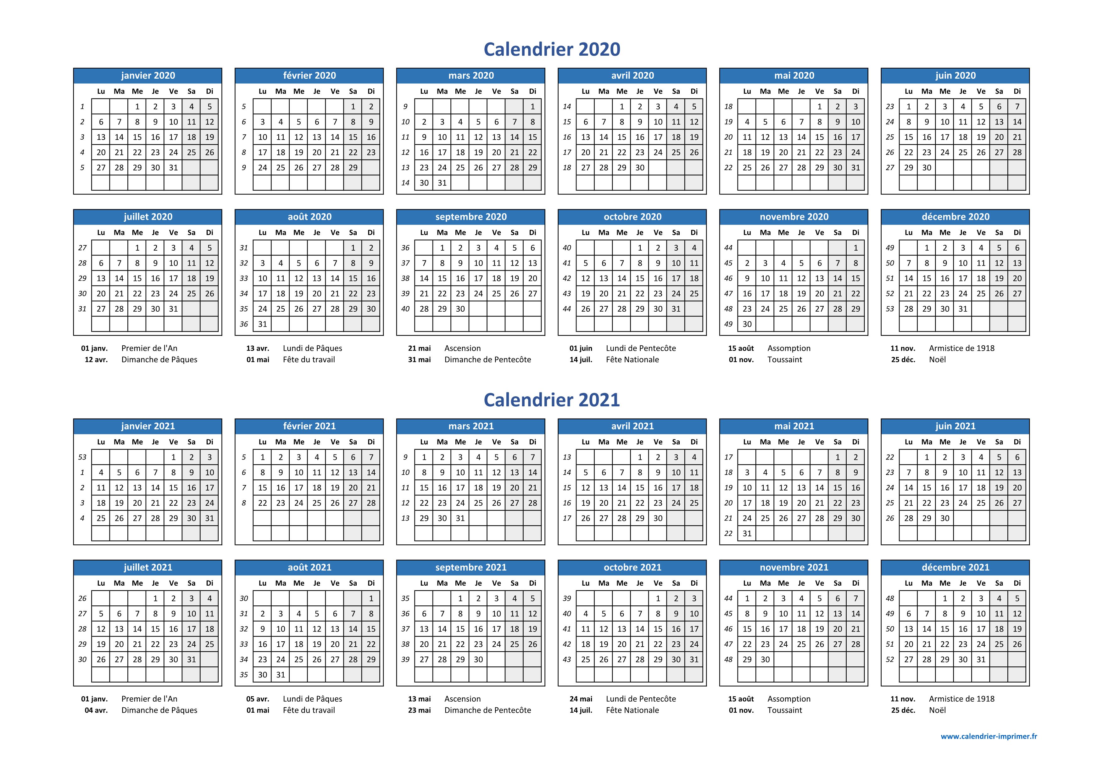 Calendrier 2020 à imprimer : jours fériés, vacances, numéros de