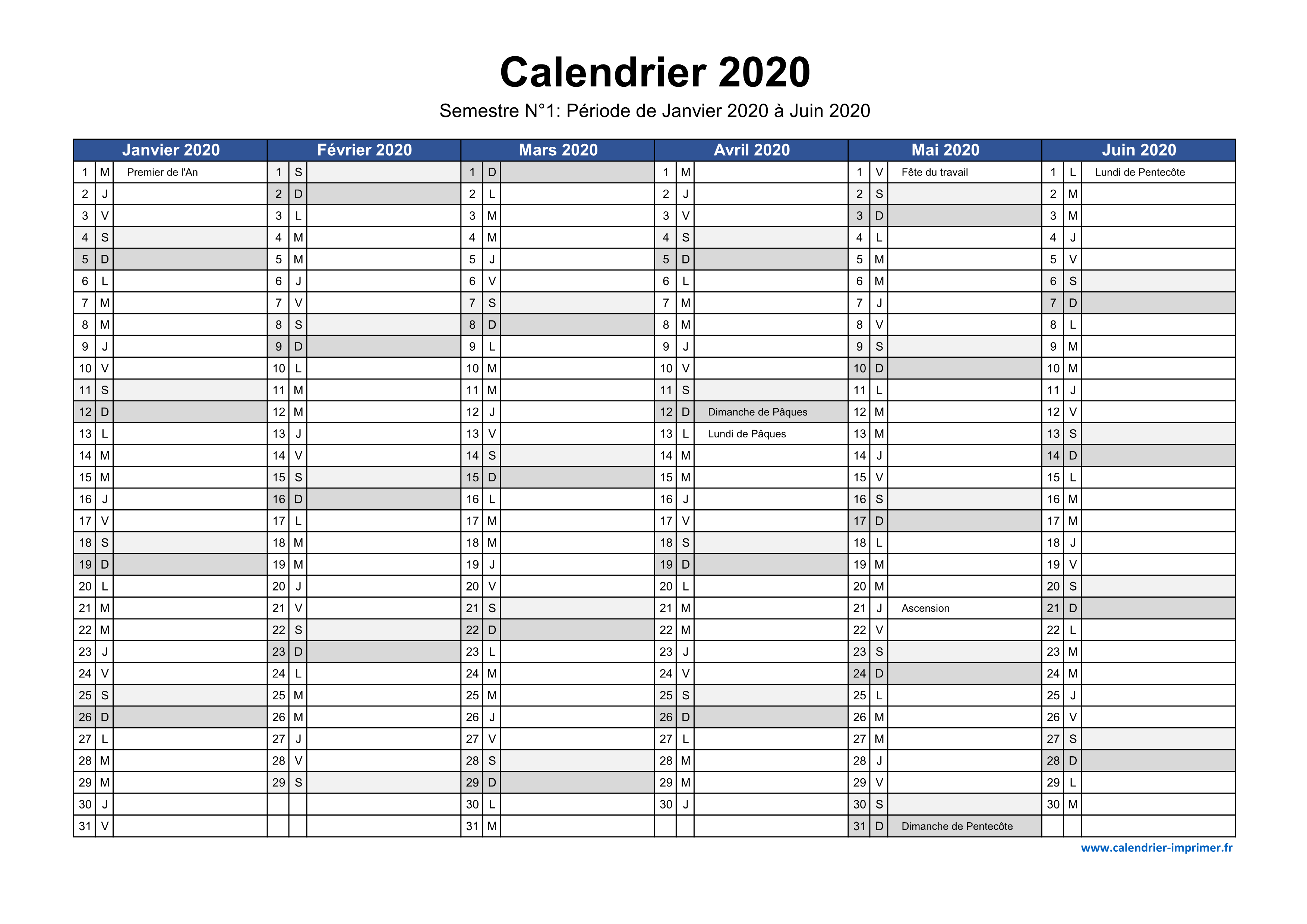 Calendrier 2020 à imprimer gratuit