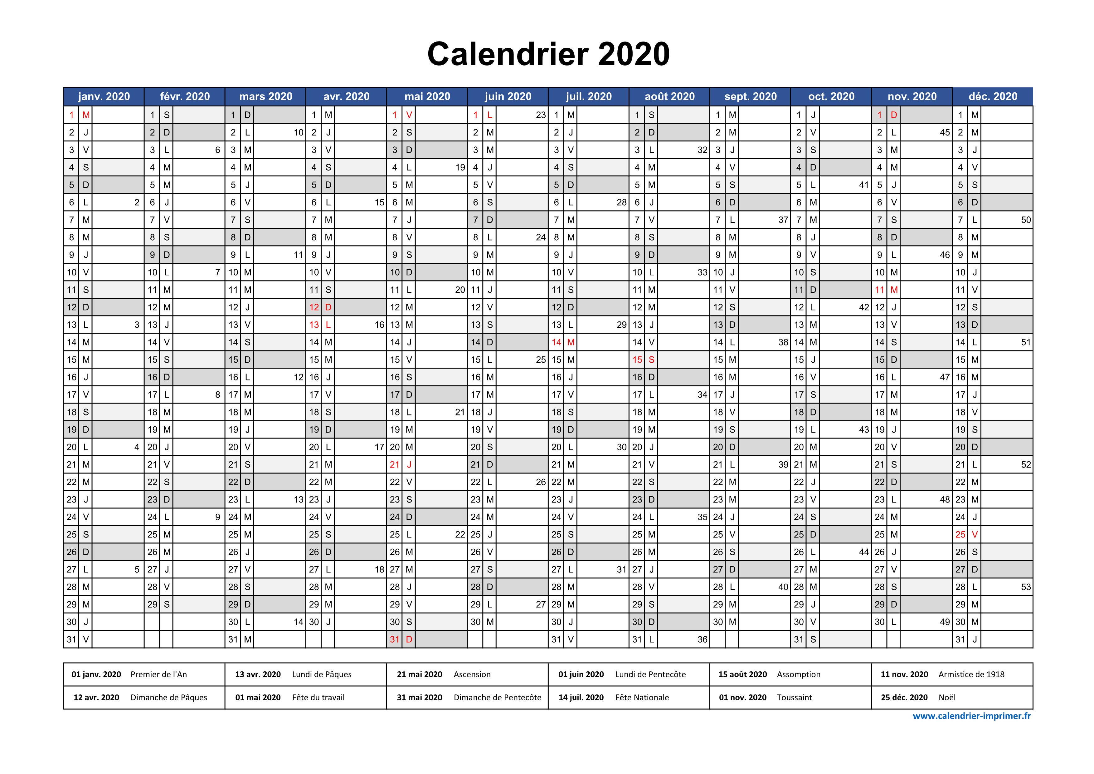 Calendrier agenda gratuit. Calendrier planning mensuel 2020 vierge