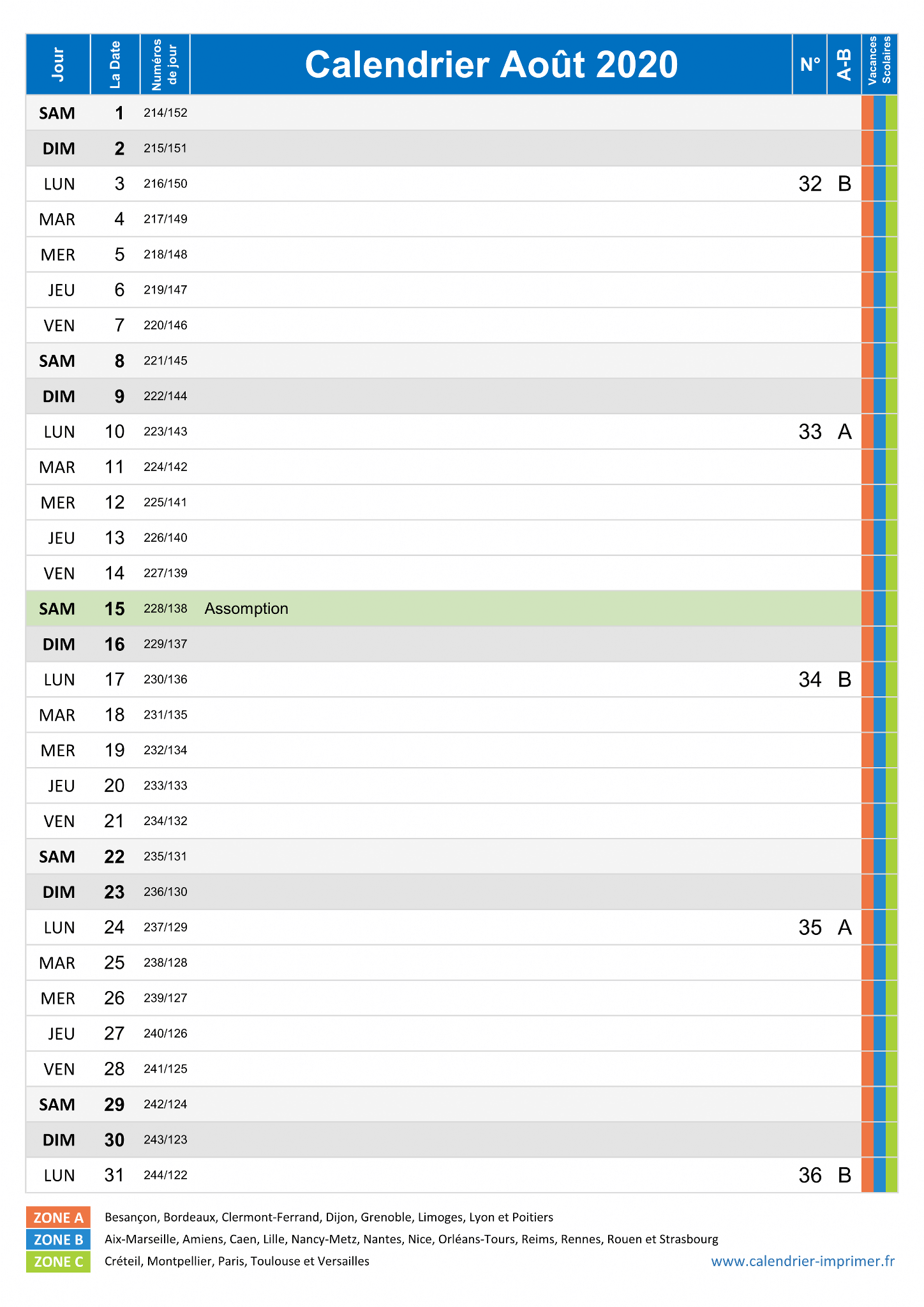 Calendrier 2020 à imprimer : jours fériés, vacances, numéros de