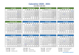 Calendrier Août 2020 à Juillet 2021 Vacances Horizontal
