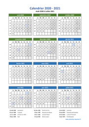 Calendrier Août 2020 à Juillet 2021 Vacances Vertical