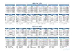 Calendrier Janvier 2020 à Décembre 2021 Horizontal Modèle 01