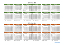 Calendrier Janvier 2020 à Décembre 2021 Horizontal Modèle 02