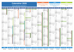 Calendrier 2020 avec vacances, jours fériés, phase de la lune et numéros de semaine