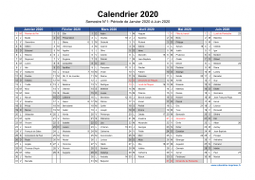 Calendrier 2020 par semestre avec fêtes