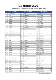 Calendrier 2020 par trimestre avec fêtes