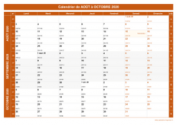 Calendrier pour les mois de Août à Octobre 2020 paysage 1