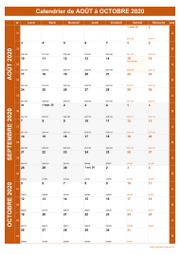 Calendrier pour les mois de Août à Octobre 2020 portrait 1