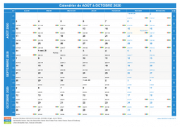 Calendrier scolaire pour Août à Octobre 2020 paysage 1