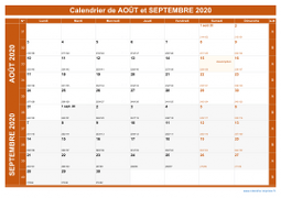Calendrier pour les mois de Août et Septembre 2020 paysage 1