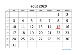 calendrier août 2020