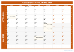 Calendrier pour les mois de Avril et Mai 2020 paysage 1