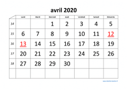 calendrier avril 2020