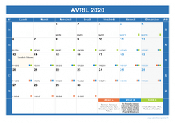 Calendrier avril 2020 paysage avec vacances, jours fériés et numéros de semaine