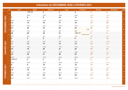 Calendrier pour les mois de Décembre 2020 à Février 2021 paysage 1