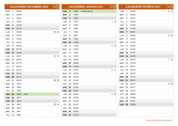 Calendrier pour les mois de Décembre 2020 à Février 2021 paysage 2