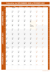 Calendrier pour les mois de Décembre 2020 à Février 2021 portrait 1