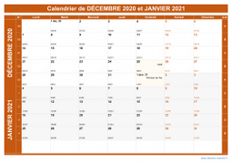Calendrier pour les mois de Décembre 2020 et Janvier 2021 paysage 1
