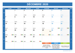 Calendrier decembre 2020 paysage avec vacances, jours fériés et numéros de semaine