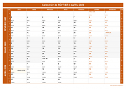Calendrier pour les mois de Février à Avril 2020 paysage 1