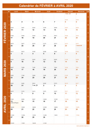 Calendrier pour les mois de Février à Avril 2020 portrait 1