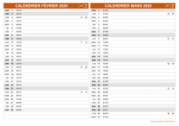 Calendrier pour les mois de Février et Mars 2020 paysage 2