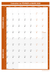 Calendrier pour les mois de Février et Mars 2020 portrait 1