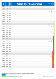 Calendrier fevrier 2020 portrait avec vacances, jours fériés et numéros de semaine
