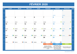 Calendrier fevrier 2020 paysage avec vacances, jours fériés et numéros de semaine