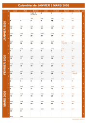 Calendrier pour les mois de Janvier à Mars 2020 portrait 1