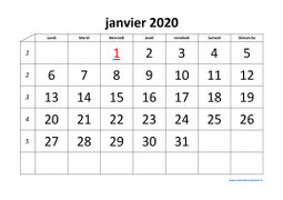 calendrier janvier 2020