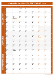 Calendrier pour les mois de Juillet à Septembre 2020 portrait 1
