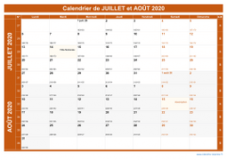 Calendrier pour les mois de Juillet et Août 2020 paysage 1