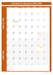 Calendrier pour les mois de Juillet et Août 2020 portrait 1