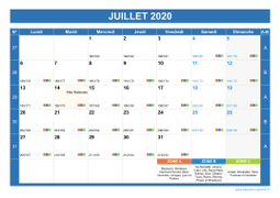Calendrier juillet 2020 paysage avec vacances, jours fériés et numéros de semaine