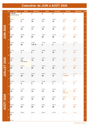 Calendrier pour les mois de Juin à Août 2020 portrait 1