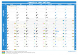 Calendrier scolaire pour Juin à Août 2020 paysage 1