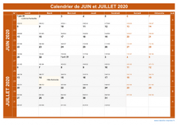 Calendrier pour les mois de Juin et Juillet 2020 paysage 1
