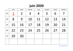 calendrier juin 2020