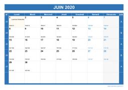 Calendrier juin 2020 paysage avec vacances, jours fériés et numéros de semaine