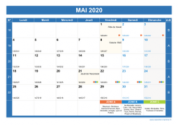 Calendrier mai 2020 paysage avec vacances, jours fériés et numéros de semaine