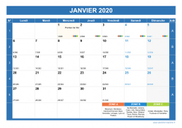 Calendrier mensuel 2020 paysage avec vacances, jours fériés, phase de la lune et numéros de semaine