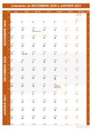 Calendrier pour les mois de Novembre 2020 à Janvier 2021 portrait 1