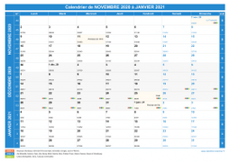 Calendrier scolaire pour Novembre 2020 à Janvier 2021 paysage 1