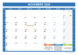 Calendrier novembre 2020 paysage avec vacances, jours fériés et numéros de semaine