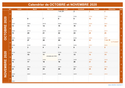 Calendrier pour les mois de Octobre et Novembre 2020 paysage 1