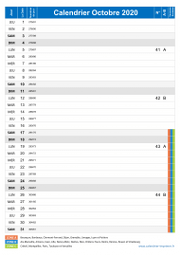 Calendrier octobre 2020 portrait avec vacances, jours fériés et numéros de semaine